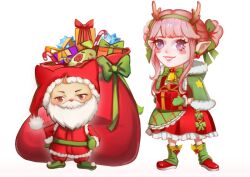  ahoge animal antlers apron bell belt blunt_bangs blush_stickers bow bowtie brown_horns candy candy_cane cat chibi christmas cloak clothed_animal coat commentary cross-laced_clothes cross-laced_dress double_bun dress dress_bow ear_covers earrings elf english_commentary esseling_(infinity_nikki) eyelashes fake_beard fake_facial_hair fake_horns fake_mustache food frilled_apron frilled_dress frills fur-trimmed_cloak fur-trimmed_coat fur-trimmed_hood fur-trimmed_mittens fur-trimmed_sleeves fur_trim gift green_apron green_belt green_bow green_bowtie green_cloak green_hairband green_leg_warmers green_mittens green_shoes hair_bow hair_bun hairband hand_on_own_hip hands_on_own_hips happy holding holding_gift hood hood_down hood_up hooded_cloak hooded_coat horn_hairband horns infinity_nikki jewelry leg_warmers lipstick long_dress long_sleeves makeup mistletoe mistletoe_earrings mittens momo_(nikki) neck_bell nikki_(nikki) nikki_(series) parted_lips pink_hair pink_lips plaid_apron plaid_clothes pointy_ears pointy_shoes print_cloak red_coat red_dress red_nose red_shoes reindeer_antlers ronya_sanzoku sack santa_costume shoes short_hair_with_long_locks sidelocks simple_background smile star_(symbol) star_print stellarite_(infinity_nikki) striped_clothes striped_dress tareme teeth vertical-striped_clothes vertical-striped_dress violet_eyes white_background white_cat 
