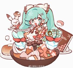  apron asymmetrical_bangs bandana commentary food green_eyes hair_ornament hatsune_miku highres japanese_clothes jiaojiaoguan kimono long_hair obi sash sushi twintails untranslatable_commentary very_long_hair 