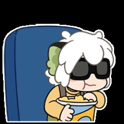  1boy 3d_glasses animal_ears animated animated_gif cat_boy cat_ears chibi chibi_only commentary english_commentary food long_sleeves lowres luo_xiaohei luo_xiaohei_(human) male_focus movie_theater official_art overalls popcorn popcorn_bucket simple_background solo sticker_(medium) the_legend_of_luo_xiaohei white_background white_hair 