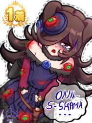  1girl ajet1123 animal_ears brown_hair commentary crying dagger dress dutch_angle english_commentary food_on_body hair_over_one_eye horse_ears horse_girl knife looking_at_viewer off-shoulder_dress off_shoulder rice_shower_(umamusume) scared shaded_face solo tears throwing_tomato tomato umamusume violet_eyes weapon white_background 