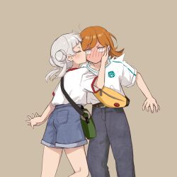  2girls arashi_chisato bag belt belt_buckle black_belt blank_eyes blue_shorts blush brown_background buckle closed_eyes commentary_request cowboy_shot denim denim_shorts double_bun fanny_pack green_bag grey_hair grey_pants hair_bun hand_on_another's_cheek hand_on_another's_face highres holding_hands interlocked_fingers jeans kiss kissing_cheek love_live! love_live!_superstar!! medium_hair multiple_girls nose_blush orange_hair pants pocket profile shibuya_kanon shirt shirt_tucked_in short_shorts short_sleeves shorts simple_background standing surprise_kiss surprised t-shirt twintails v-shaped_eyebrows white_shirt yellow_bag yokoko yuri 