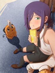  1boy 1girl 1other absurdres all_fours bare_shoulders bench black_choker black_socks blonde_hair blush brown_shoes chainsaw_man choker commentary denji_(chainsaw_man) drink_carton drinking drinking_straw gin_san31 green_eyes hair_between_eyes hair_over_one_eye highres juice_box kneehighs looking_at_viewer medium_hair mixed-language_commentary outdoors own_hands_together park_bench pochita_(chainsaw_man) ponytail purple_hair reze_(chainsaw_man) selfie shadow shirt shoes shorts sitting sitting_on_person sleeveless sleeveless_shirt socks sweat sweatdrop white_shirt 