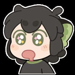  1boy animal_ears animated animated_gif black_hair black_shirt blush cat_boy cat_ears chibi chibi_only commentary drooling english_commentary lowres luo_xiaohei luo_xiaohei_(human) male_focus mouth_drool official_art open_mouth shirt simple_background sparkling_eyes sticker_(medium) the_legend_of_luo_xiaohei white_background 