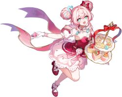  1girl ankle_socks aqua_hair bow breasts choker cookie detached_sleeves double_bun dress dress_bow food fruit full_body gloves hair_bow hair_bun hair_ornament hands_up heart heart_hair_ornament honkai:_star_rail honkai_(series) hyacine_(honkai:_star_rail) hyacine_(warm_cotton_skies)_(honkai:_star_rail) looking_at_viewer multicolored_hair official_alternate_costume official_alternate_hairstyle official_art one_eye_closed pink_hair red_dress red_shoes shoes short_sleeves simple_background socks solo standing standing_on_one_leg strapless strapless_dress strawberry streaked_hair transparent_background wand white_choker white_gloves white_socks 