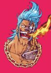 1boy blue_eyes blue_hair chain_necklace commentary_request cropped_torso cyborg damaged fire franky_(one_piece) hair_strand hashi84e highres injury jewelry long_sideburns male_focus mechanical_parts necklace one_piece pink_background short_hair sideburns smile solo