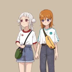  2girls arashi_chisato arched_bangs arms_at_sides bag belt belt_buckle black_belt blue_shorts blush brown_background buckle closed_mouth commentary_request crew_neck denim denim_shorts double_bun expressionless fanny_pack green_bag grey_hair grey_pants hair_bun highres holding_hands interlocked_fingers jeans looking_at_another looking_down love_live! love_live!_superstar!! medium_hair multiple_girls orange_hair pants red_eyes shibuya_kanon shirt shirt_tucked_in short_shorts short_sleeves shorts simple_background smile standing straight_hair t-shirt twintails violet_eyes white_shirt yellow_bag yokoko yuri 