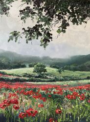  commentary english_commentary field flower flower_field fog grass grey_sky highres kate_avery no_humans oil_painting_(medium) original outdoors overcast painting_(medium) poppy_(flower) red_flower scenery sky traditional_media tree 