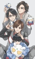  4boys black_hair blue_necktie brown_hair character_doll chest_guard collared_shirt color_timer colored_skin doll eye_slugger glasses grey_jacket grey_suit highres holding holding_stuffed_toy hugging_doll hugging_object igaguri_leito jacket looking_at_viewer male_focus military_uniform mskr10140 multicolored_skin multiple_boys necktie run_(ultra_series) salaryman shirt smile stuffed_toy suit super_global_unlimited_task_squad_uniform taiga_nozomu tokusatsu ultra_galaxy_(series) ultra_series ultra_zero_bracelet ultraman_geed_(series) ultraman_saga_(movie) ultraman_teo_(series) ultraman_zero ultraman_zero_the_movie_choukessen!_belial_ginga_teikoku white_shirt yellow_eyes 