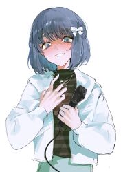  1girl absurdres bang_dream! bang_dream!_our_notes blue_eyes blue_hair chinese_commentary commentary_request cowboy_shot false_smile furrowed_brow hamasaki_mahoro hands_up highres holding holding_microphone hood hood_down hooded_jacket jacket jewelry long_sleeves looking_at_viewer microphone miyasawa_momo necklace open_clothes open_jacket short_hair simple_background smile solo striped_clothes striped_sweater sweater white_background white_jacket 