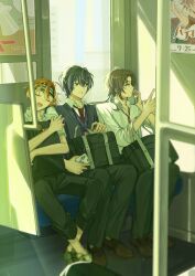  18trip 22kolink 3boys bag black_hair black_pants brown_hair commentary crossed_ankles full_body grey_sweater_vest hair_between_eyes headband highres holding holding_bag holding_phone indoors isotake_akuta kinugawa_kiroku male_focus multicolored_hair multiple_boys nanamegi_nanaki necktie on_bench open_mouth orange_hair pants phone red_necktie shirt short_hair shoulder_bag sitting sleeping smile streaked_hair striped_headband sweater_vest train_interior white_shirt window 