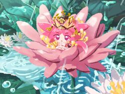  1girl absurdres commentary cozydeneb crown dress english_commentary flower fox_girl fox_tail hair_ornament highres jewelry lily_pad lotus mini_person original pink_dress pink_eyes pink_flower pink_hair pond rain solo tail water water_drop water_lily_flower white_flower 