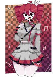  1girl :d ahoge arm_at_side big_hair black_eyes breasts checkered_background colored_skin cropped_legs drill_hair flipped_sidelocks gradient_background grey_jacket grey_skirt hair_ribbon hand_up heart highres jacket kasane_teto kasane_teto_(utau) large_breasts looking_at_viewer medium_hair orange_background purple_background red_background red_hair ribbon rod_drawings shoulder_pads_(fashion) skirt smile solo twin_drills utau white_ribbon white_skin 