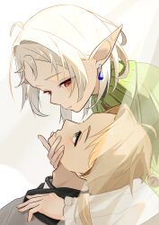  1boy 1girl absurdres ahoge blonde_hair commentary_request earrings green_eyes green_sweater hair_intakes hand_on_another's_chin highres jewelry looking_at_another mushoku_tensei nuko_tama315 pointy_ears red_eyes rudeus_greyrat short_hair sidelocks simple_background smile sweater sylphiette_(mushoku_tensei) upper_body white_background white_hair 