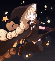  1girl blonde_hair blue_eyes boots braid broom broom_riding cape commentary_request hat highres jewelry long_hair magical_girl mahou_shoujo_ikusei_keikaku mahou_shoujo_ikusei_keikaku_unmarked necklace one_eye_closed qoo_1025 thigh_boots top_speed twin_braids v witch_hat 