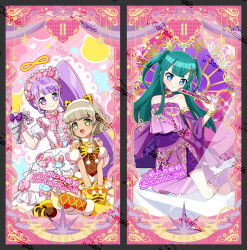  3girls animal_ears blue_eyes bow bracelet braid braided_base brown_dress card_(medium) choker commentary dark-skinned_female dark_skin detached_sleeves dress dress_bow ebi_nana english_commentary fake_animal_ears fake_tail folded_fan folding_fan frilled_dress frills fur-trimmed_dress fur_trim gloves green_hair grey_hair hair_bow hairband hand_fan highres holding holding_fan jewelry layered_dress lolita_hairband long_hair manaka_non medium_hair multiple_girls orange_pantyhose pantyhose pink_bow pink_hairband pretty_series pripara purple_choker purple_dress purple_hair purple_sleeves sample_watermark shoes side_ponytail strapless strapless_dress tail taiyo_pepper tiger_ears tiger_tail tsukikawa_chili two-tone_dress two_side_up two_side_up_with_braided_base very_long_hair violet_eyes watermark white_dress yellow_dress yellow_eyes yellow_gloves yellow_shoes 