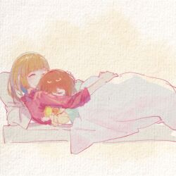  2girls bed blanket blonde_hair brown_hair closed_eyes commentary_request cuddling highres holding holding_stuffed_toy hug lying mother_and_child mother_and_daughter multiple_girls on_bed oreo86011490 painting_(medium) pajamas pale_colors paper_texture parent_and_child pastel_colors pillow red_shirt sakutarou_(umineko) shirt short_hair simple_background sketch sleeping sleepwear smile stuffed_animal stuffed_lion stuffed_toy traditional_media umineko_no_naku_koro_ni ushiromiya_maria ushiromiya_rosa watercolor_(medium) white_background 