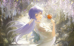  1girl absurdres alternate_costume beuldung blue_eyes blue_hair candy_apple commentary food halo head_wings highres holding holding_candy_apple holding_food honkai:_star_rail honkai_(series) japanese_clothes kimono long_hair looking_at_viewer robin_(honkai:_star_rail) smile solo untranslatable_commentary very_long_hair white_kimono white_wings wings 