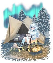  1girl absurdres antenna_hair bird blue_eyes blue_hat blush bonfire bow campfire camping camping_chair chair commentary_request double-parted_bangs double_bun fire firewood folding_chair hair_between_eyes hair_bun hair_ornament hat highres long-tailed_tit long_hair long_sleeves looking_at_viewer multicolored_hair noripro open_mouth ribbon scarf shing_main smile solo steam streaked_hair tent tit_(bird) virtual_youtuber white_scarf yukinose_kumochi 