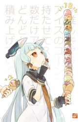  1girl 1other ark_kan bad_id bad_tumblr_id black_gloves blue_hair blunt_bangs blush commentary_request dress fingerless_gloves floating_headgear food gloves hair_ribbon headgear holding holding_food holding_ice_cream_cone ice_cream_cone kantai_collection long_hair looking_up murakumo_(kancolle) orange_eyes red_ribbon ribbon sailor_collar sailor_dress signature simple_background solo solo_focus sweat text_background tress_ribbon white_background white_dress 
