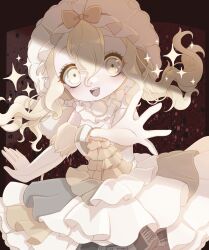  1girl blonde_hair bow commentary_request dress elbow_gloves frilled_dress frills gloves highres long_hair magical_girl mahou_shoujo_ikusei_keikaku mahou_shoujo_ikusei_keikaku_limited open_mouth qoo_1025 reaching reaching_towards_viewer smile sonia_bean sparkle white_gloves yellow_bow yellow_eyes 