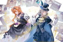  2girls absurdres ascot beamed_eighth_notes beamed_sixteenth_notes black_choker black_dress black_gloves black_hairband black_hat black_pants black_vest blue_cape cape chinese_commentary choker closed_eyes commentary_request conductor conductor_baton dress eighth_note gloves grey_hair hair_bun hairband hat hat_feather highres holding_baton holding_own_dress leaning_forward long_dress long_sleeves multiple_girls musical_note musical_staff official_alternate_costume orange_hair pants puffy_long_sleeves puffy_short_sleeves puffy_sleeves quarter_note reverse:1999 shirt short_hair short_sleeves single_side_bun sixteenth_note smile sonetto_(reverse:1999) top_hat treble_clef twintails vertin_(reverse:1999) vest white_ascot white_shirt yumiao_qingjian 