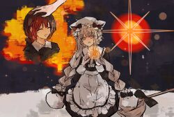  1girl absurdres apron black_bow blonde_hair blush bow braid broom dress fire frills hair_ornament hat highres holding holding_matchstick lighting_match long_hair looking_at_viewer magical_girl mahou_shoujo_ikusei_keikaku mahou_shoujo_ikusei_keikaku_restart maid matchstick mob_cap multiple_girls n37709619 nokko-chan open_mouth red_eyes smile solo twin_braids 
