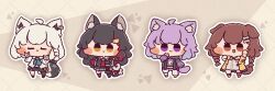  4girls :3 :d ahoge ameya_(kappadoll) animal_ears black_hair blush_stickers bone_hair_ornament braid brown_eyes brown_hair cat_ears cat_girl cat_tail chibi chibi_only closed_mouth commentary_request dog_ears dog_girl dog_tail double_fox_shadow_puppet fox_ears fox_girl fox_shadow_puppet fox_tail full_body grey_background hair_ornament hands_up highres hololive inugami_korone long_hair looking_at_viewer multicolored_hair multiple_girls nekomata_okayu ookami_mio open_mouth outline purple_hair red_streaks shirakami_fubuki short_hair smile standing streaked_hair tail violet_eyes virtual_youtuber white_hair white_outline wolf_ears wolf_girl wolf_tail yellow_eyes 