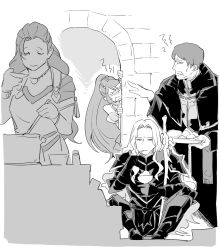  2boys 2girls absurdres answerer_(weapon) armor black_robe brick_wall dietrich_gregor_lamine doorway esmeralda_sinza fabio_gil_toro_alvarez fire_emblem fire_emblem:_fortune's_weave food food_in_mouth grimace highres holding holding_food holding_ladle ice_cream jewelry ladle mikaela_ogosto monochrome multiple_boys multiple_girls necklace ookutsuwa_waga robe 