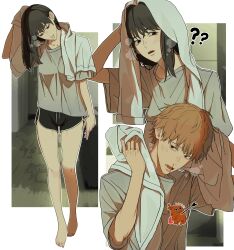  1boy 1girl ? ?? absurdres arrow_(projectile) arrow_in_body bare_legs barefoot black_eyes black_hair blonde_hair blood blush breasts breath chainsaw_man couple denji_(chainsaw_man) highres holding holding_towel indoors long_hair miniskirt mitaka_asa nosebleed pochita_(chainsaw_man) red_eyes short_hair sidelocks sieater07 skirt standing towel towel_around_neck towel_on_head walking 