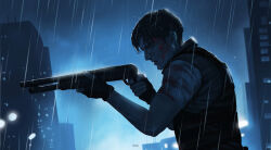  1boy bandaged_shoulder blood blood_from_forehead blue_theme blurry bokeh city_lights commentary depth_of_field double-barreled_shotgun dutch_angle fingerless_gloves gloves gun heid_joy holding holding_gun holding_weapon leon_s._kennedy male_focus night outdoors rain resident_evil resident_evil_2 resident_evil_2_(remake) shirt short_hair shotgun skyline solo t-shirt toned toned_male untranslatable_commentary upper_body vest weapon 