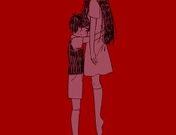  1boy 1girl antenna_hair black_hair brother_and_sister commentary_request dress hug jian_jing mari_(faraway)_(omori) mari_(omori) omori red_background siblings socks sunny_(omori) sweat white_dress 