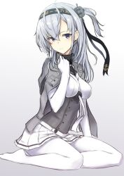  1girl anchor_symbol black_headband blue_eyes blush bodysuit breasts clothes_writing gradient_background hachimaki hair_between_eyes headband headgear kantai_collection kneeling long_hair looking_at_viewer medium_breasts neckerchief no_shoes pleated_skirt ryuudog simple_background sitting skirt solo suzutsuki_(kancolle) white_bodysuit white_neckerchief white_skirt 