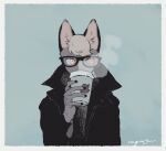  1boy animal_crossing animal_ears black-framed_eyewear black_coat black_nails blonde_hair blue_background body_fur cat_boy cat_ears coat cup drink drinking furry furry_male glasses grey_fur hand_up high_collar highres holding holding_cup holding_drink long_sleeves looking_to_the_side male_focus nagabe original pink_eyes raymond_(animal_crossing) signature solo steam upper_body 