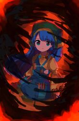  1girl absurdres apron aqua_apron arm_ribbon blue_eyes blue_hair blue_ribbon chisel closed_mouth commentary_request dress expressionless fire green_headscarf haniyasushin_keiki headscarf highres jewelry long_hair long_sleeves magatama magatama_necklace necklace neruzou one-hour_drawing_challenge ribbon solo touhou translation_request yellow_dress 
