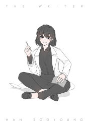  1girl black_hair black_shirt bob_cut character_name coat collared_shirt commentary_request crossed_ankles dreaming_nozomu english_text full_body grin han_sooyoung han_sooyoung_(1863rd_turn) hand_on_own_leg head_tilt holding holding_pencil omniscient_reader's_viewpoint open_clothes open_coat pencil shirt sitting smile solo white_coat 