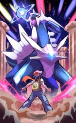  1boy 1other backpack bag black_sclera blue_hair bracelet clenched_hand clenched_hands colored_sclera commentary_request dialga dust_cloud energy_ball facing_away fang floating_scarf from_behind hat highres inana_umi jewelry lucas_(pokemon) open_mouth pants pillar poke_ball_print pokemon pokemon_(creature) pokemon_diamond/pearl/platinum red_eyes red_hat red_scarf scarf shirt shockwave short_hair short_sleeves sleeveless sleeveless_jacket standing white_shirt yellow_bag 
