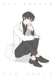  1boy black_hair black_shirt coat collared_shirt commentary_request crossed_ankles dreaming_nozomu elbow_on_knee english_text full_body grin kim_dokja male_focus omniscient_reader's_viewpoint open_clothes open_coat shirt short_hair sitting smile solo white_coat 