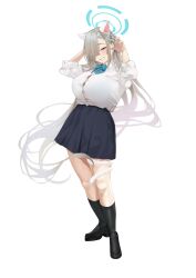  1girl absurdres animal_ear_hairband animal_ears asuna_(blue_archive) asuna_(school_uniform)_(blue_archive) asymmetrical_bangs blue_archive blue_bow blue_bowtie blue_eyes blue_halo blue_nails blue_ribbon bow bowtie button_gap commentary_request fake_animal_ears full_body hair_over_one_eye hair_ribbon hairband halo highres long_hair looking_at_viewer loose_bowtie paw_pose pleated_skirt ribbon school_uniform scrunchie shirt skirt sleeves_rolled_up smile solo tnr_(horiko1525) white_shirt wrist_scrunchie 