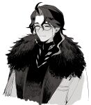  1boy ahoge character_request closed_eyes closed_mouth coat fur-trimmed_coat fur_trim genshin_impact glasses greyscale hair_between_eyes hatching_(texture) male_focus monochrome moyori open_clothes open_coat round_eyewear simple_background smile solo turtleneck white_background 