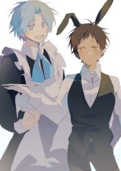 2boys absurdres animal_ears antenna_hair apron black_vest blue_eyes blue_hair blue_neckerchief blush brown_hair butler chinese_commentary clenched_hand collared_shirt commentary_request cowboy_shot crossdressing crossdressing_(mtf) curtained_hair dark-skinned_male dark_skin ear_piercing hand_in_pocket harunoyukikata highres holding holding_plate kikuchi_ryou long_sleeves looking_at_viewer looking_to_the_side maid maid_apron male_focus male_maid messy_hair multiple_boys neckerchief orange_eyes piercing plate rabbit_ears sekai_metsubou_kyouyuu_gensou_mamiya shirt short_hair sketch smile suou_keito vest white_background white_shirt 
