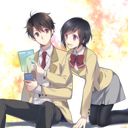  1boy 1girl aldnoah.zero amifumi_inko black_hair black_pantyhose blazer blush bow bowtie cellphone closed_mouth grey_skirt happy holding holding_phone holographic_interface jacket kaizuka_inaho kneeling long_sleeves looking_at_another looking_to_the_side necktie open_mouth pants pantyhose phone pleated_skirt pointing red_bow red_bowtie red_eyes red_necktie school_uniform short_hair shushu_(sssausage88) sitting skirt sleeves_past_wrists smartphone smile sweater teeth upper_teeth_only violet_eyes 