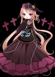  1girl bird bird_on_hand black_background black_feathers blonde_hair commentary_request cross_background crow dress feathers frilled_skirt frills gem hair_ornament highres long_dress long_hair magical_girl mahou_shoujo_ikusei_keikaku mahou_shoujo_ikusei_keikaku_black open_mouth orange_gem qoo_1025 red_eyes sally_raven_(mahoiku) see-through_clothes skirt very_long_hair winged_hair_ornament 
