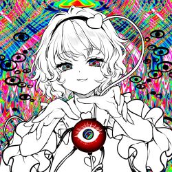  1girl abstract_background blouse buttons colorful_background commentary_request disembodied_linked_eye dot_nose eye_print eyeball frilled_shirt_collar frilled_sleeves frills greyscale_with_colored_background hair_ornament hairband hands_up heart heart_button heart_hair_ornament highres komeiji_satori looking_at_viewer multicolored_eyes open_mouth red_pupils ribbon-trimmed_collar ribbon_trim shirt short_hair smile solo spot_color touhou upper_body wide_sleeves yoma_(lycoris109) 