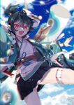  1boy :d absurdres bangs bishounen chromatic_aberration clouds cloudy_sky cowboy_shot crossed_bangs day dutch_angle green_hair grin hands_up hannya_(onmyoji) high_ponytail highres looking_at_viewer male_child male_focus mask mask_on_head motion_blur moto_mitsuashi onmyoji outdoors outstretched_arms red_eyes short_hair shorts sky slit_pupils smile solo 