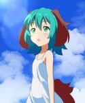  1girl alternate_costume animal_ears blush camisole cato_(monocatienus) clouds cloudy_sky day dog_ears dog_tail green_eyes green_hair hair_between_eyes highres kasodani_kyouko open_mouth short_hair sky solo spaghetti_strap tail touhou upper_body white_camisole 