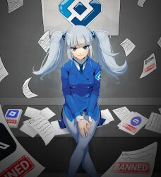  1girl absurdres blue_coat blue_eyes blue_hair blue_necktie blue_pants blunt_bangs breasts chess.com coat collar commission commissioner_upload crossed_legs cube_hair_ornament discord feet_out_of_frame frilled_collar frills grin hair_ornament hands_on_own_thighs highres long_hair long_sleeves looking_at_viewer necktie on_table optaku pants rkn-chan roblox roskomnadzor shirt sidelocks sitting small_breasts smile solo table tailcoat twintails twitter twitter_x_logo white_shirt 