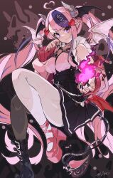  1girl absurdres ahoge asymmetrical_legwear black_boots black_nails black_skirt boots choker demon_girl demon_horns demon_wings fang fire hair_ornament head_wings heart heart_ahoge heart_hair_ornament heart_o-ring heart_ring_choker heterochromia highres horns ironmouse ironmouse_(15th_costume) jacket k_einosuke long_hair looking_at_viewer mismatched_legwear multicolored_hair o-ring o-ring_choker pantyhose pink_choker pink_eyes pink_fire pink_hair pink_jacket pink_shoes pointy_ears purple_hair shoes skin_fang skirt spiked_choker spikes streaked_hair twintails violet_eyes virtual_youtuber vshojo white_horns white_pantyhose wings 