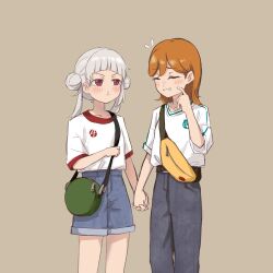  2girls :t arashi_chisato arched_bangs bag belt black_belt blue_shorts blush brown_background closed_eyes closed_mouth commentary_request cowboy_shot crew_neck denim denim_shorts double_bun fanny_pack flying_sweatdrops green_bag grey_hair grey_pants hair_bun highres holding_hands interlocked_fingers jeans looking_at_another looking_to_the_side love_live! love_live!_superstar!! medium_hair multiple_girls nervous_smile orange_hair pants pout red_eyes scratching_cheek shibuya_kanon shirt shirt_tucked_in short_shorts short_sleeves shorts simple_background smile standing straight_hair t-shirt twintails v-shaped_eyebrows white_shirt yellow_bag yokoko yuri 