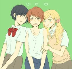  3girls :3 aldnoah.zero amifumi_inko black_hair blonde_hair blush bow bowtie clothes_around_waist embarrassed girl_sandwich green_background green_eyes grey_skirt hand_on_another's_arm heart jumpsuit jumpsuit_around_waist long_hair looking_at_another multiple_girls nina_klein non-web_source parted_bangs pink_eyes pink_scrunchie pleated_skirt rayet_areash red_bow red_bowtie red_hair robomi sandwiched school_uniform scrunchie shirt short_hair skirt smile sweater_vest teasing twintails violet_eyes white_shirt 