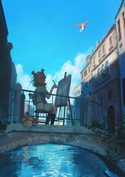  1girl absurdres alto_mare balcony bianca_(pokemon_heroes) black_socks blue_sky bridge brown_hair building canal canvas_(object) clouds commentary_request day easel european_architecture flipped_hair flying from_behind green_shirt highres holding holding_brush in-universe_location latias medium_hair neg_(101neg) outdoors painterly painting_(action) partial_commentary plant pokemon pokemon_(creature) psyduck scenery shirt sitting skirt sky socks spinarak vines water white_skirt wooper 